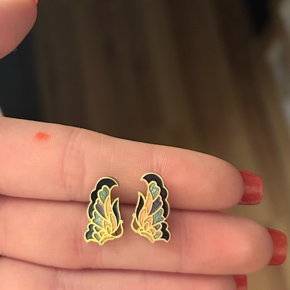 Unique Vintage Gold Dainty Cloisonné Butterfly Earrings - Picture 4 of 5